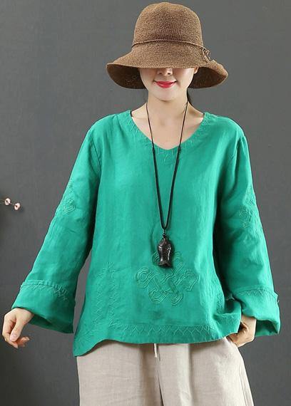 V Neck Embroidery Spring Tops Neckline Green Shirt