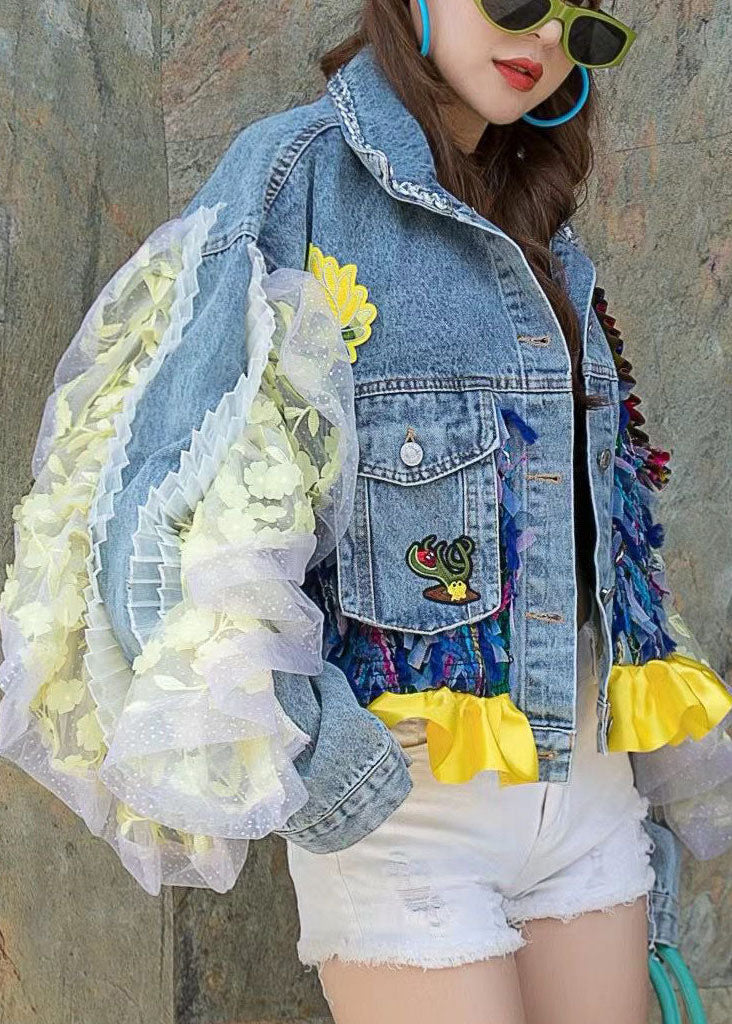 Blue Peterpan Collar Button Patchwork Sequins Fall Denim Long Sleeve Coat