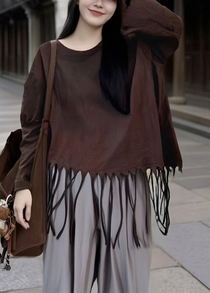 Loose Turmeric Tasseled Cotton T Shirt Spring