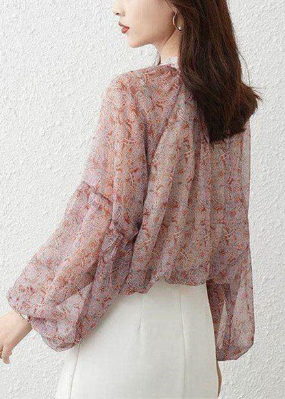 Pink Stand Collar Print Chiffon Shirt Top Lantern Sleeve