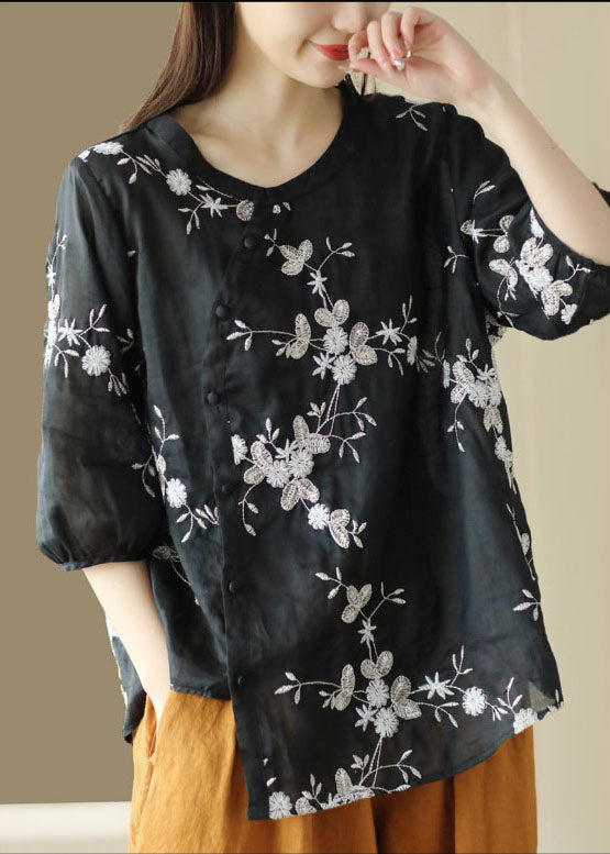 Black Patchwork Linen Top O-neck Embroideried Button Summer