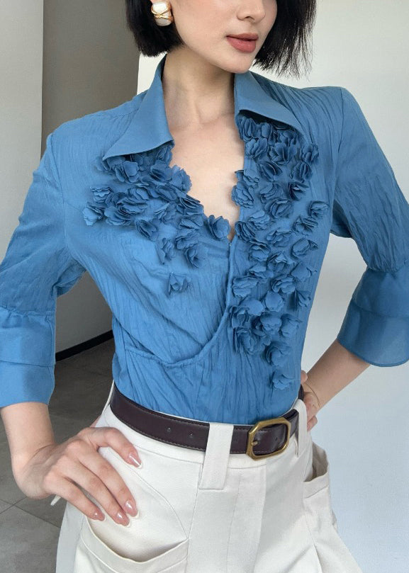 Blue Cotton Shirt Top Peter Pan Collar Flare Sleeve