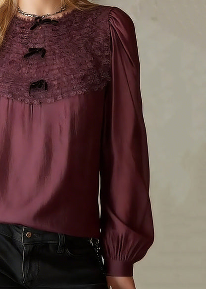 French Red O-neck Patchwork Tops Lantern Sleeve