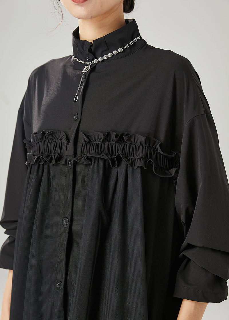 Black Ruffled Patchwork Tulle Cotton Maxi Dress Spring