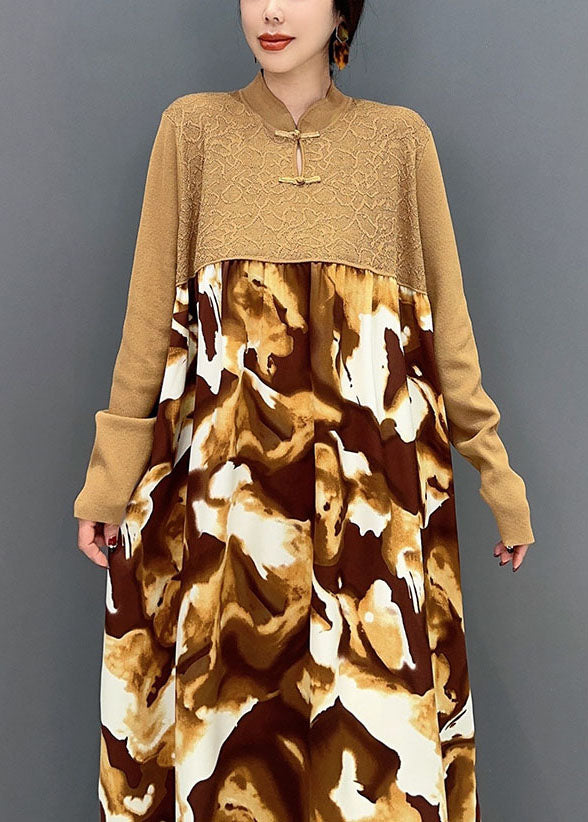 Khaki Mandarin Collar Patchwork Print Holiday Dress Spring