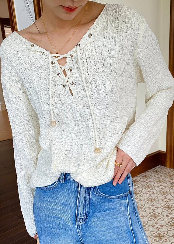 Beige Lace Up Thin Knit Top Spring
