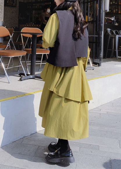 French Patchwork Black Waistcoat and Green Long Dress Two Pieces Set Long Sleeve