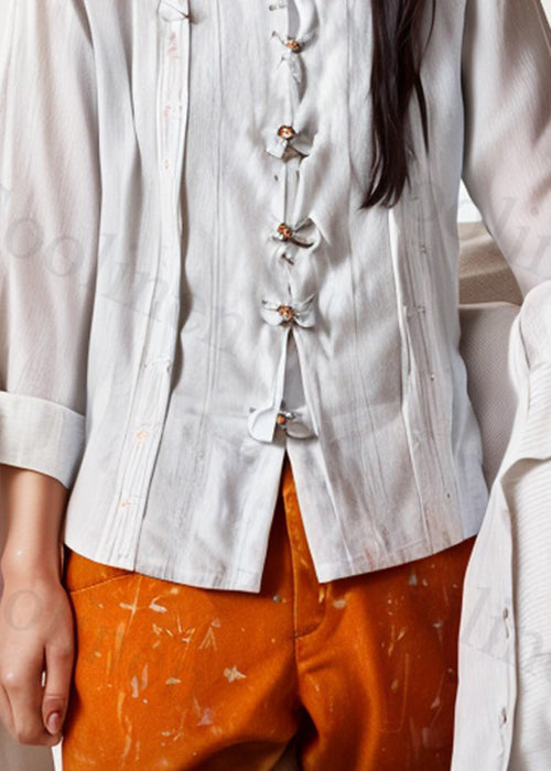 New White O-neck Button Cotton Blouses Long Sleeve