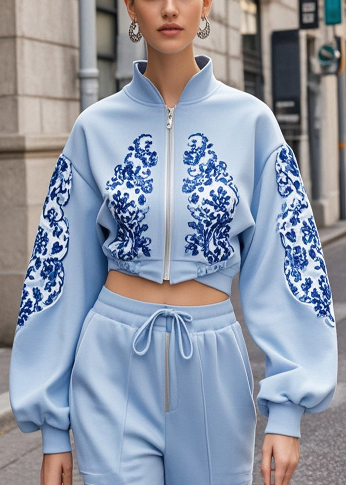 Baby Blue Stand Collar Print Cotton Short Coat Fall