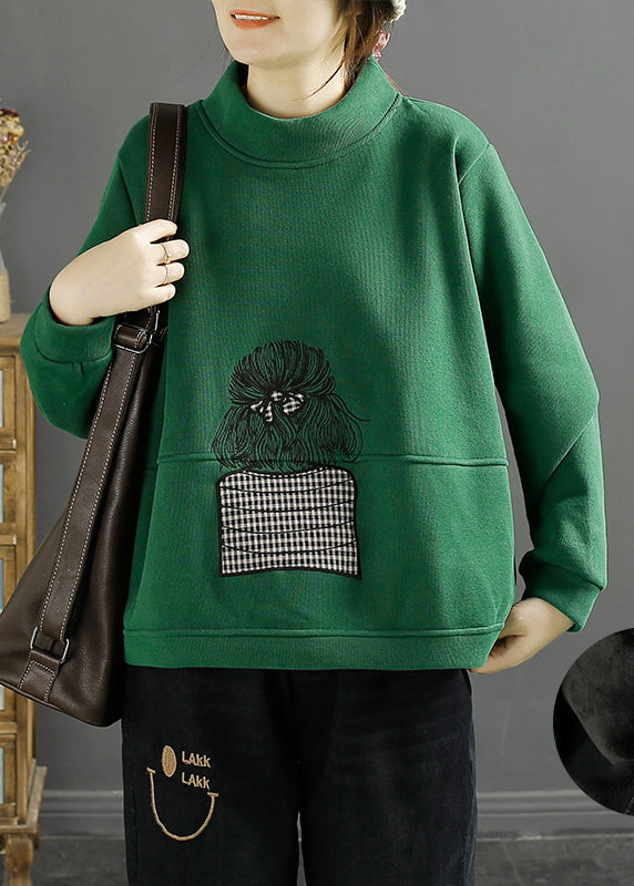 Classy Green Stand Collar Embroideried Warm Fleece Pullover Sweatshirt Winter