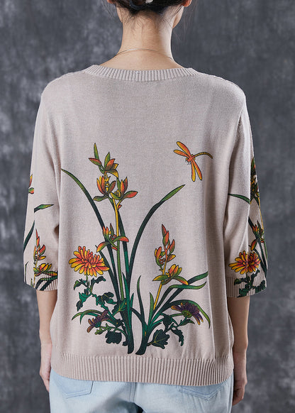 Diy Beige Oversized Print Knitted Tops Spring