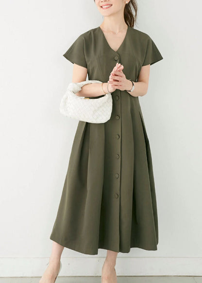 Green V Neck Patchwork Wrinkled Cotton Dress Summer