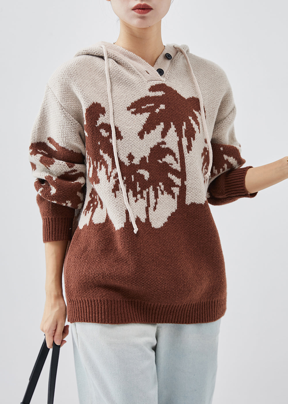Khaki Hooded Jacquard Knit Sweatshirt Spring