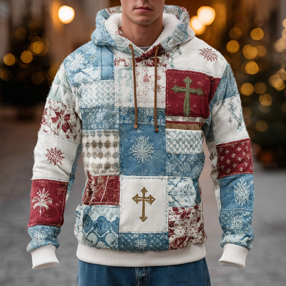 Comstylish Men's Christmas Elements Patchwork Hooded Sweatshirt