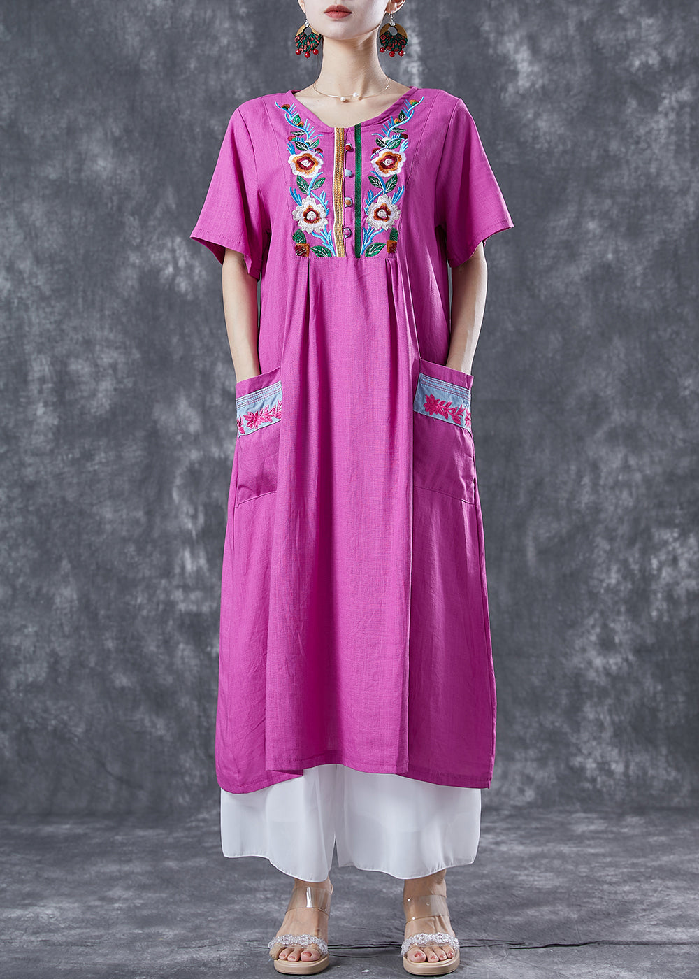 Unique Rose Embroideried Pockets Linen Holiday Dress Summer
