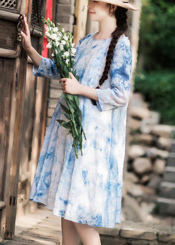 100% O-neck Half Sleeve Summer Blue Print Dress