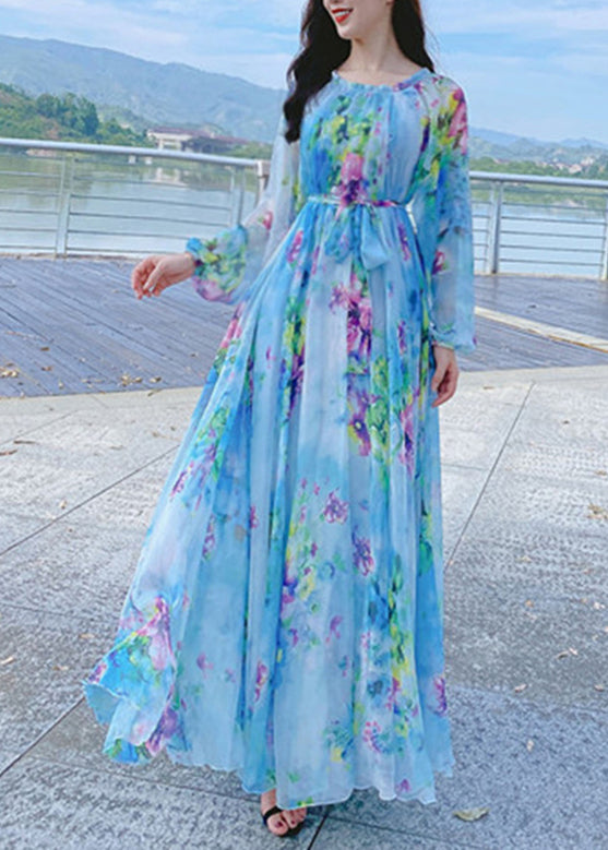 French Blue O-neck Print Chiffon Long Holiday Dress Spring