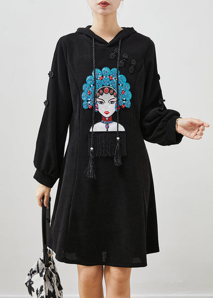 Black Embroideried Chinese Button Corduroy Dress Spring