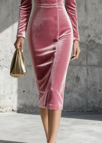 Modern Pink V Neck Patchwork Silk Velvet Holiday Dress Spring