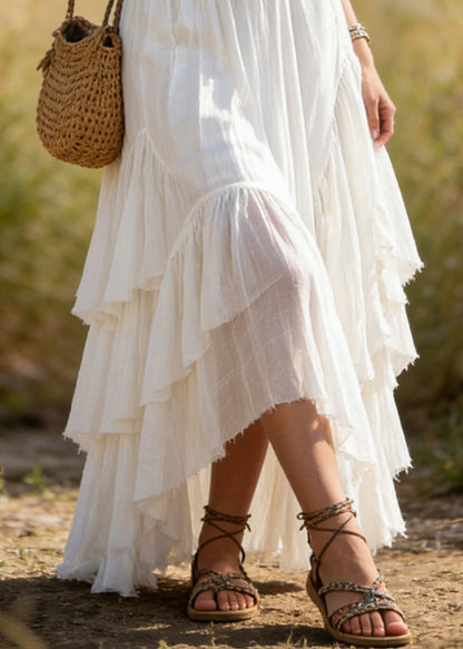 White Asymmetrical Wrinkled Patchwork Cotton Skirts Summer