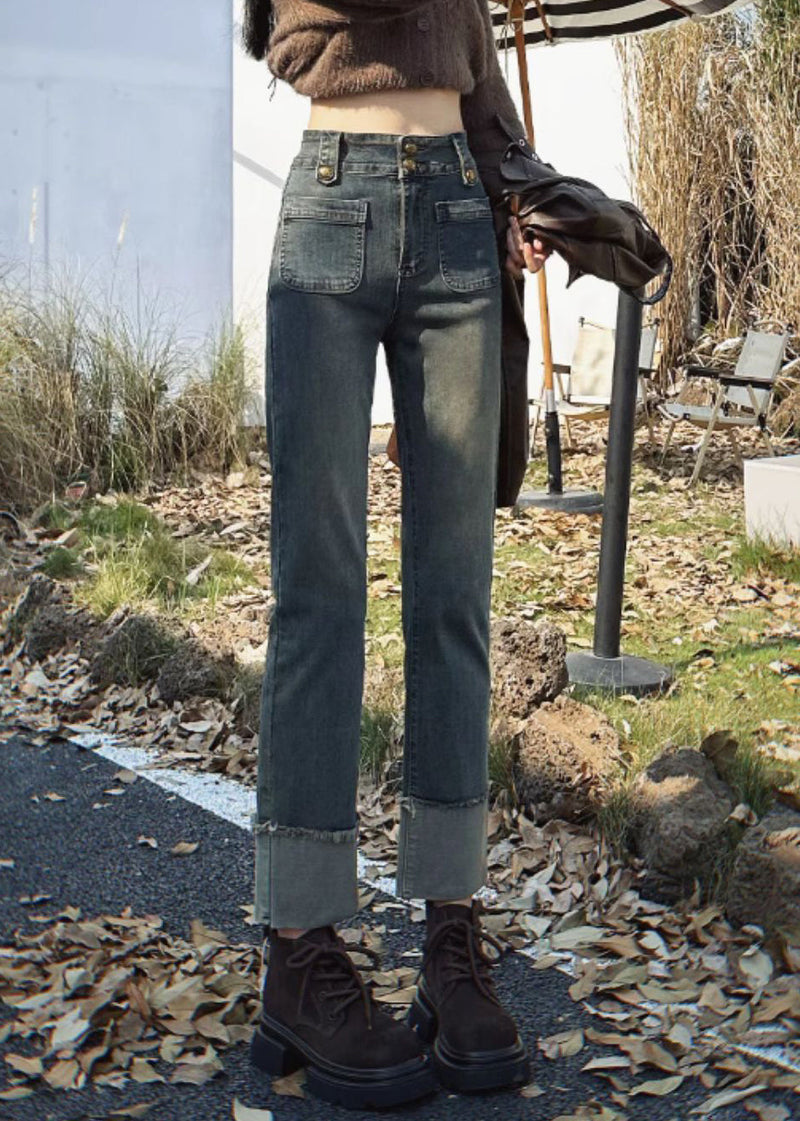 Slim Fit Blue Pockets High Waist Denim Crop Pants Spring