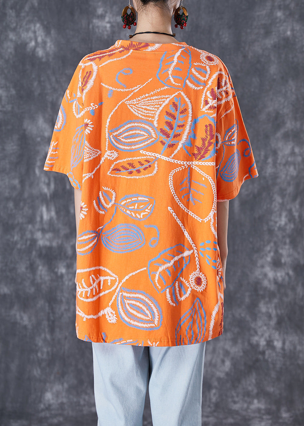 Orange Print Cotton Tank Oversized O-neck Summer