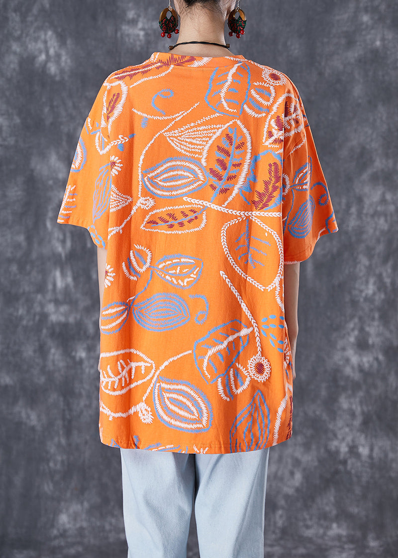 Orange Print Cotton Tank Oversized O-neck Summer