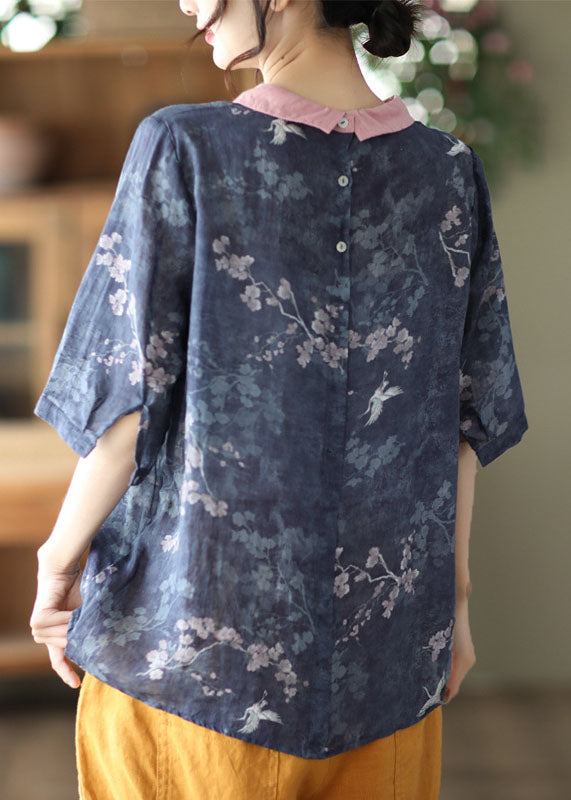 Blue Print Patchwork Linen Tops Peter Pan Collar Colorblock Short Sleeve