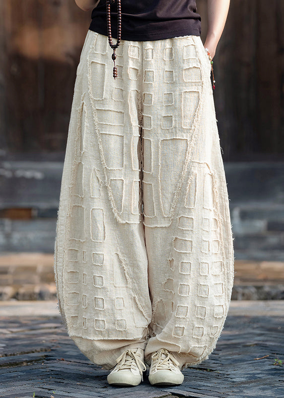 Beige Pockets Patchwork Linen Lantern Pants Spring