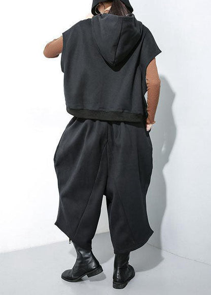 Black Pockets Warm Fleece Two Pieces Set Drawstring Sleeveless Waistcoat