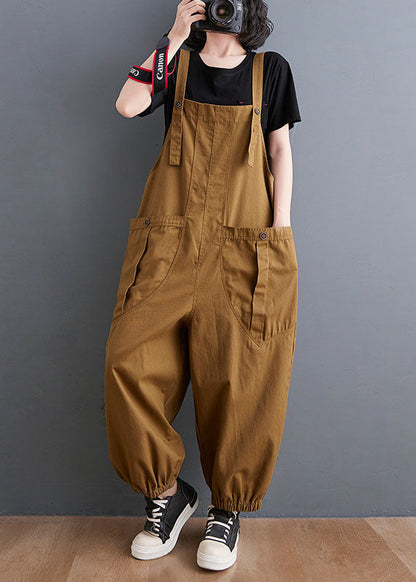 Yellow Slash Neck Patchwork Pockets Harem Jumpsuit Fall