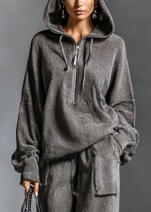 Grey Hooded Zippered Elastic Waist Two Pieces Set Spring