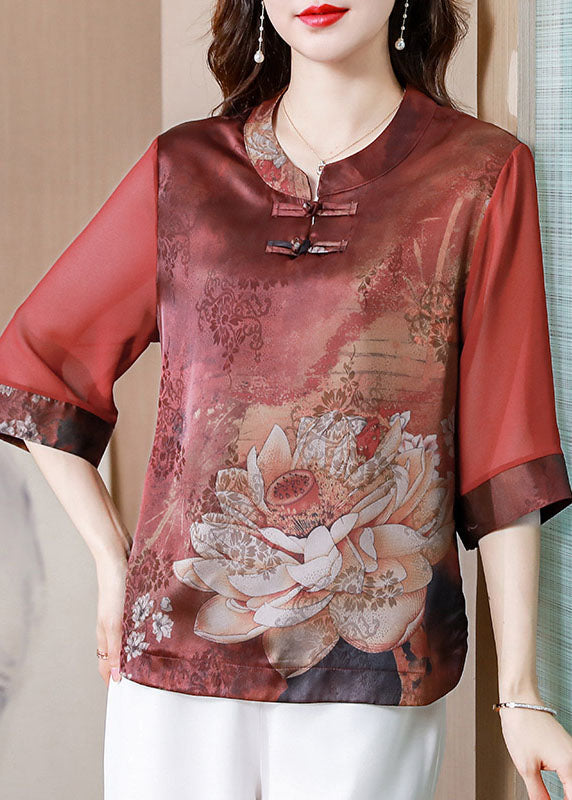 Red Stand Collar Print Patchwork Silk Blouses Summer