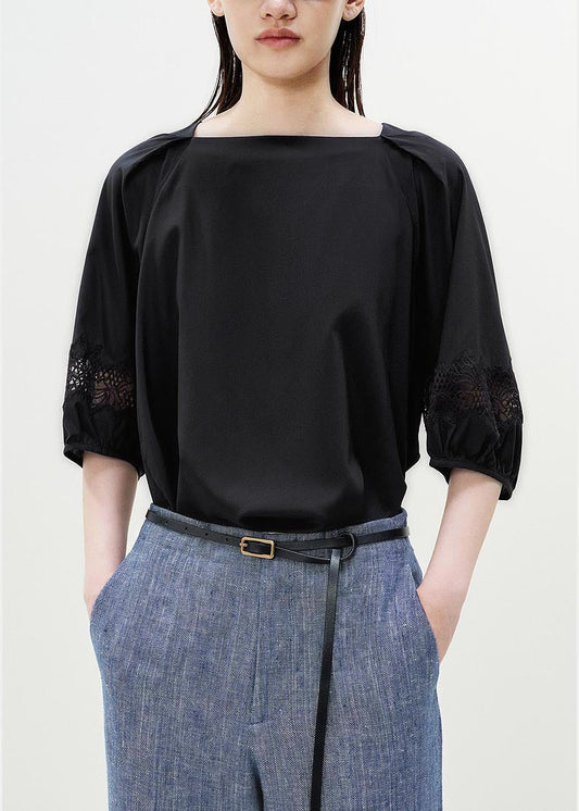 Black Slash Neck Patchwork Lace Blouses Half Sleeve