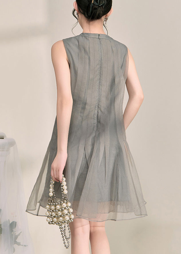 Boutique Grey O-neck Patchwork Tulle Mid Dress Summer