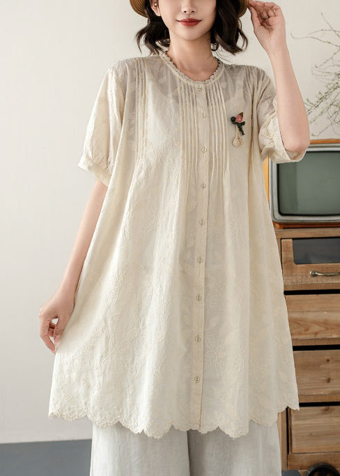 Beige Cotton a Line Tops Embroidered Wrinkled Summer