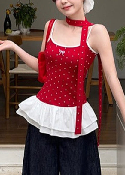 Red Dot Ruffled Patchwork Wrinkled Tank Summer