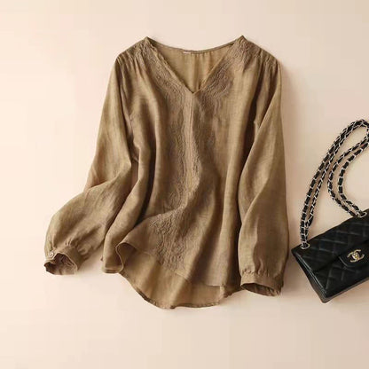 Organic V Neck Spring Tops Tunic Tops Army Green Embroidery Blouse