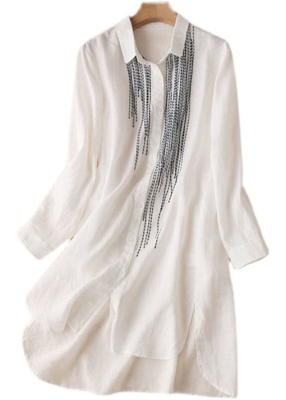 White Embroideried Low High Design Cotton Linen Long Shirt Top Long Sleeve