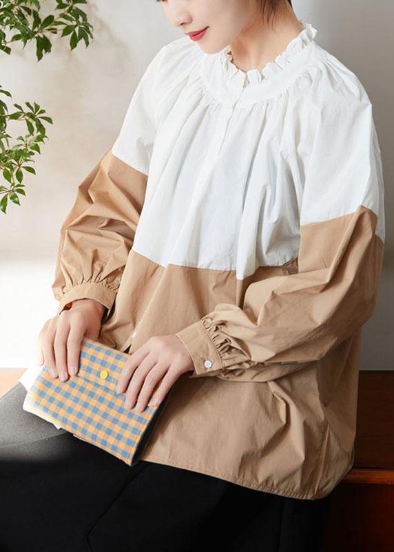 Loose White Colorblock Ruffled Fall Button Long Sleeve Blouses