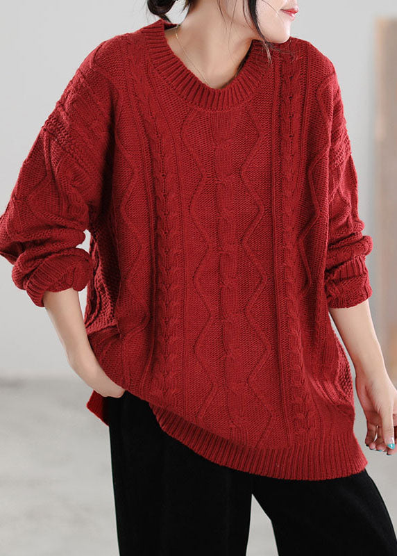 French Red O-neck Side Open Knit Sweater Tops Spring