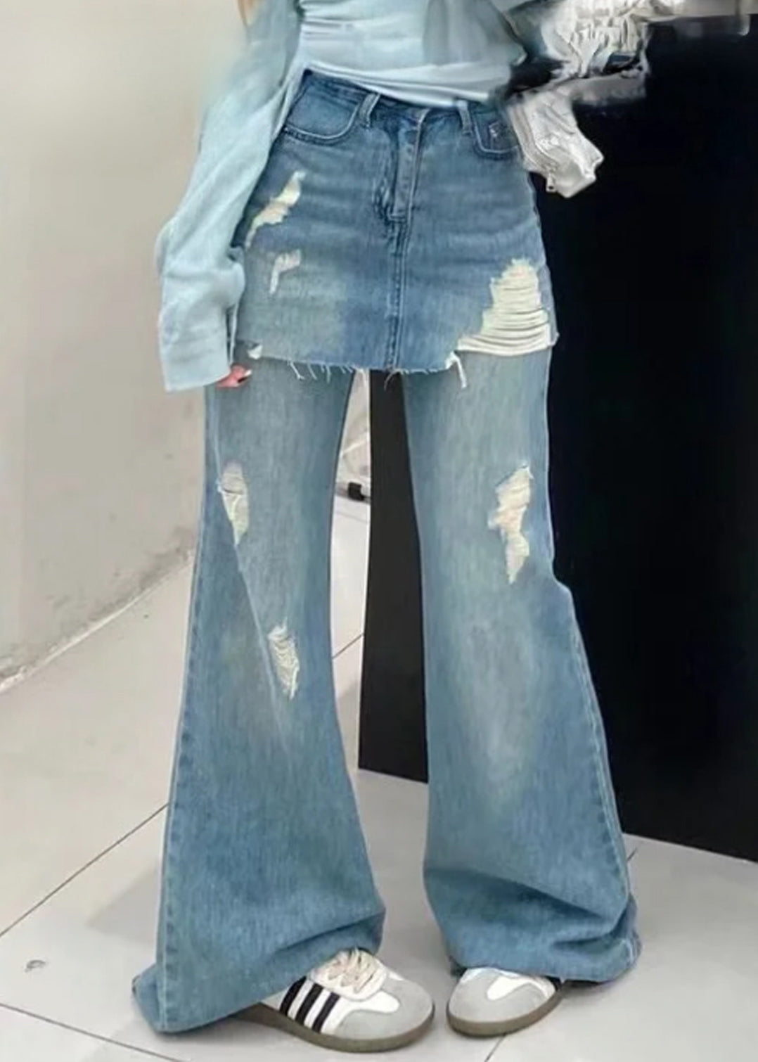 Blue False Two Pieces High Waist Denim Pants Summer