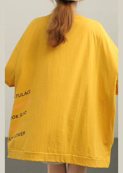 Stylish Yellow Loose O-neck Print Low High Design Fall Tee Half Sleeve