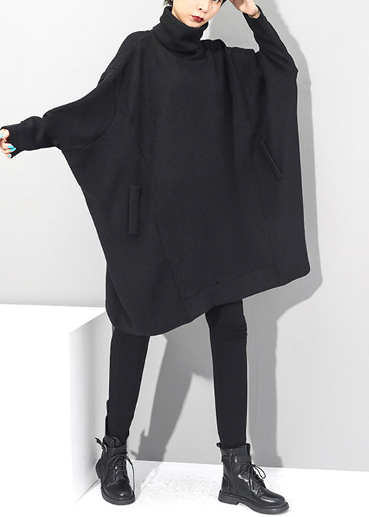 Black Turtleneck Knit Mid Dresses Batwing Sleeve Fall
