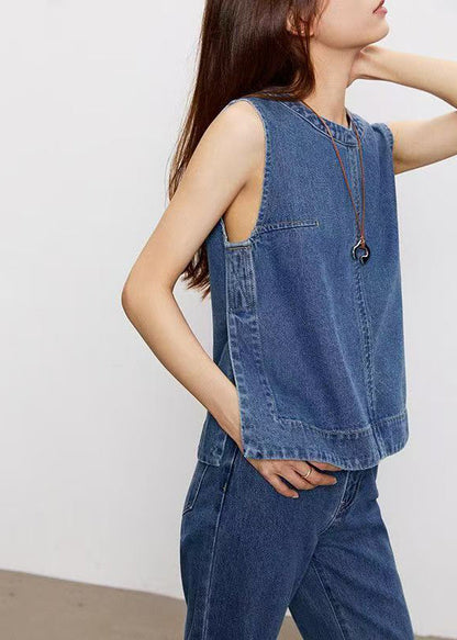 Blue Patchwork Denim Top and Jeans Two Pieces Set Sleeveless