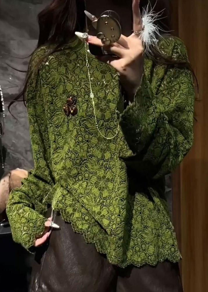 Green O Neck Hollow Out Lace T Shirts Fall