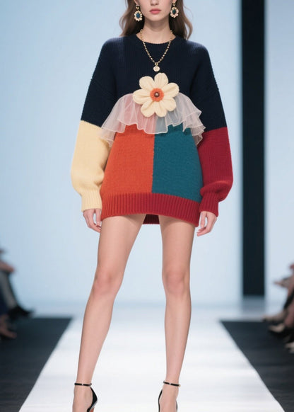 Colorblock O Neck Tulle Patchwork Knit Pullover Fall