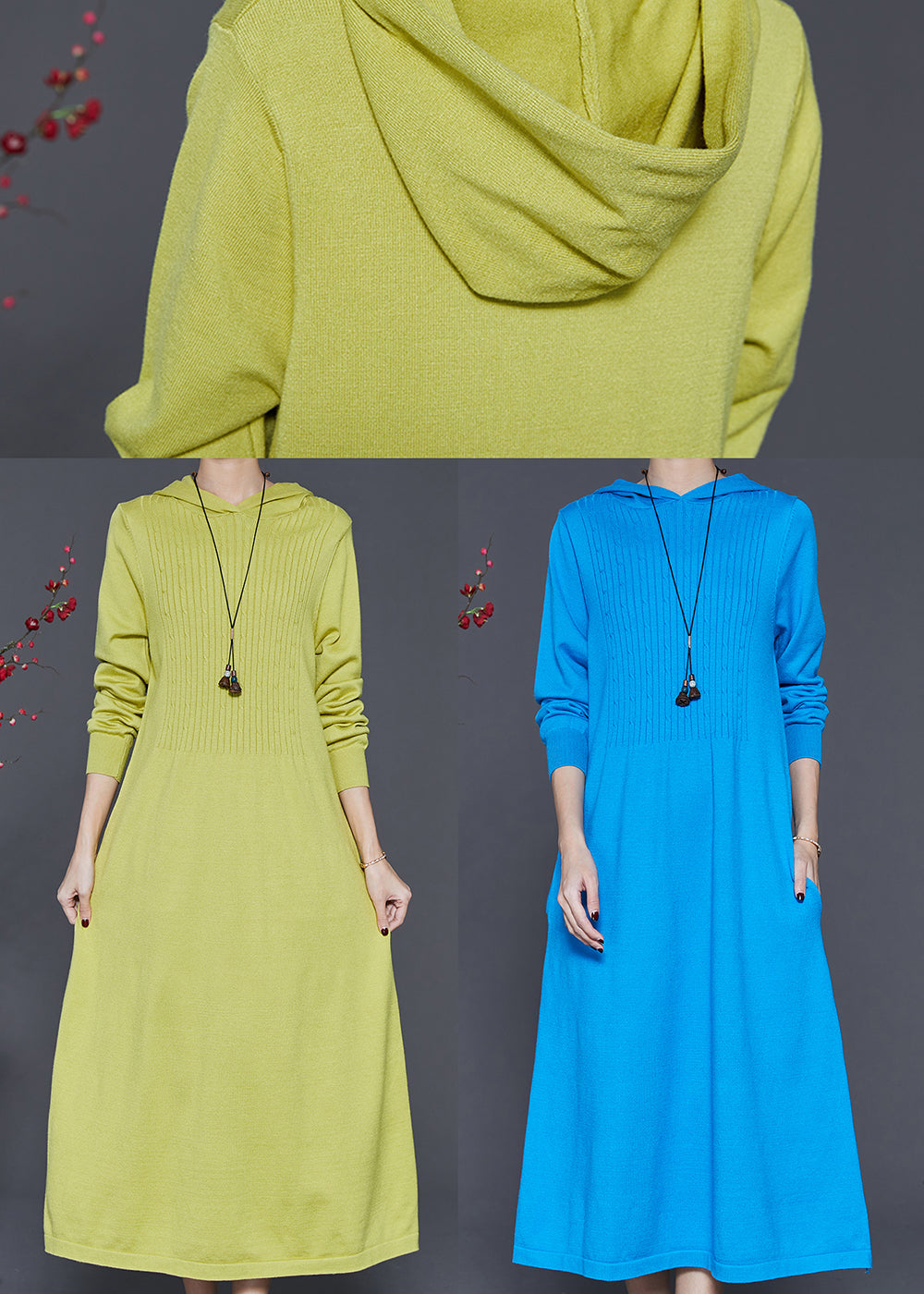 Blue Hooded Silm Fit Knit Long Dress Spring