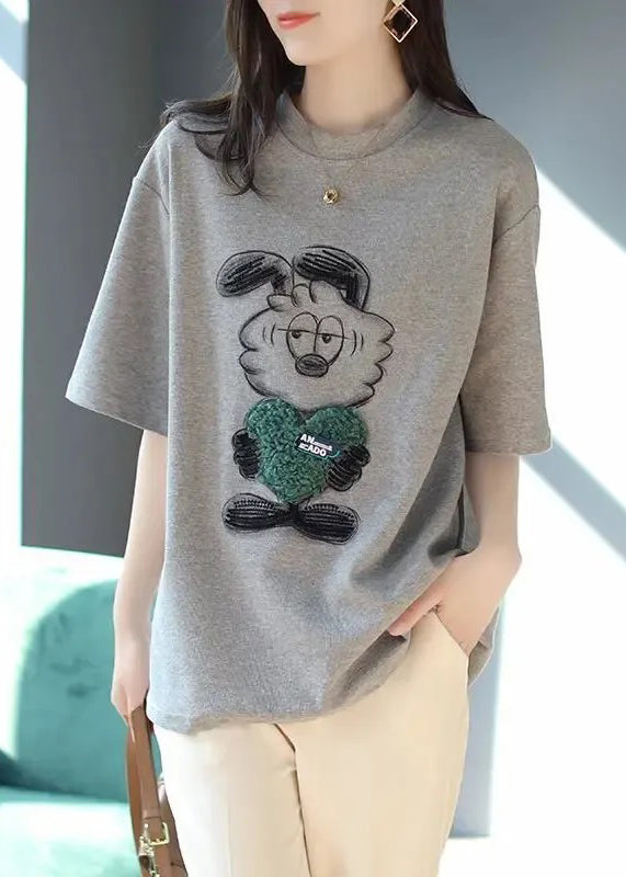 Grey O Neck Print Patchwork Cotton T Shirt Summer
