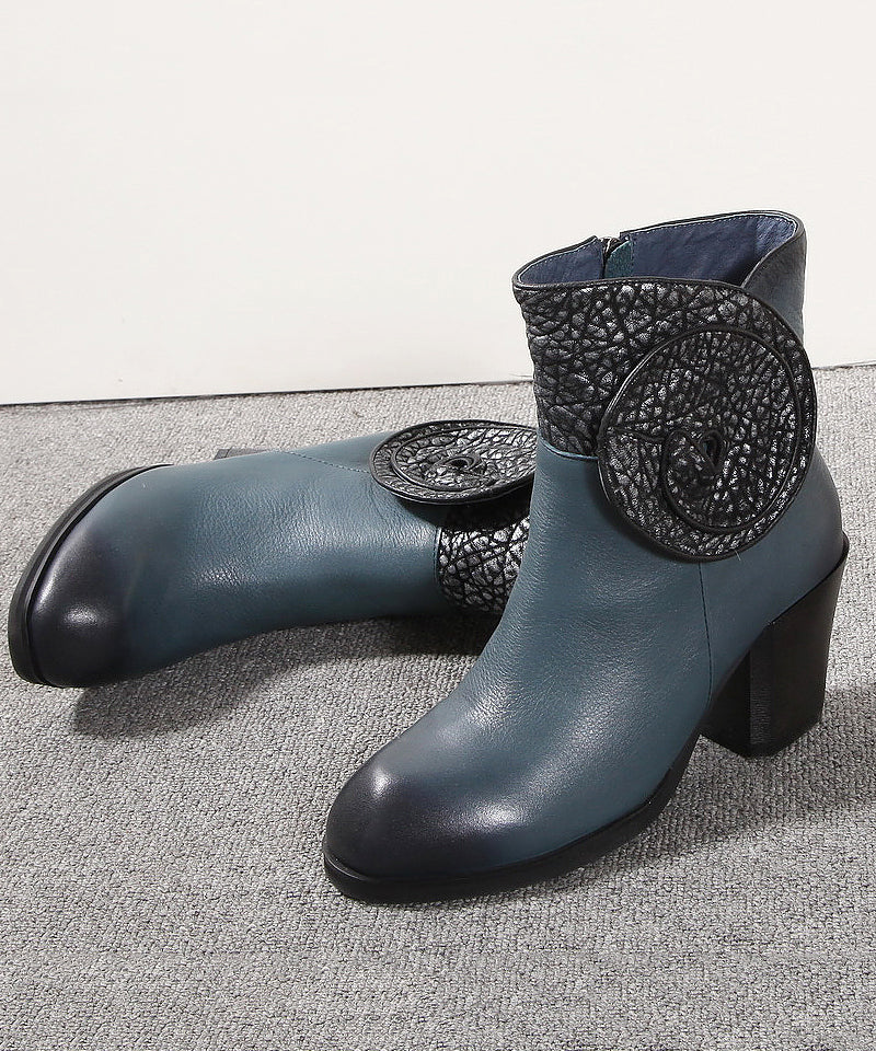 Blue Boots Chunky Cowhide Leather Zippered Splicing